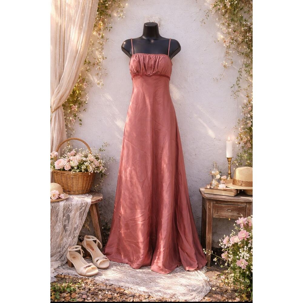 Y2K Dusty Rose Satin Maxi Dress 10 Bridesmaid Formal Gown Spaghetti Strap A-Line